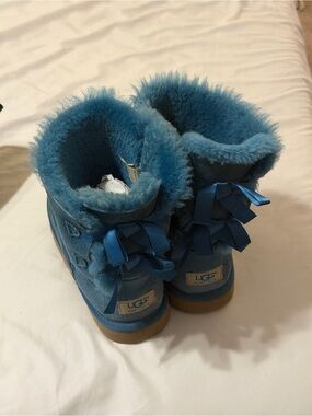 UGG Teal Suede Short Shearling Boots with Ribbon Bows
